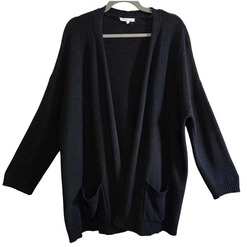 Margeaux & Ellie Womens 1X Classic Black Waffle Knit Open Front Cardigan Sweater